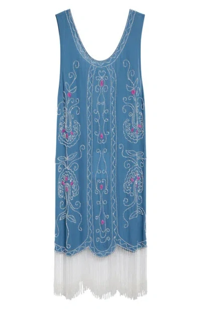 Bode Sea Flower Beaded Fringe Silk Dress In Blue