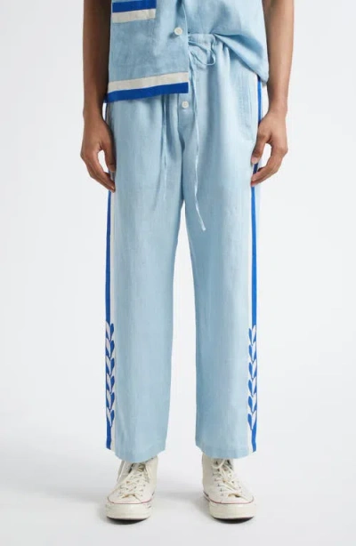 Bode Seedling Stripe Pajama Pants In White/blue