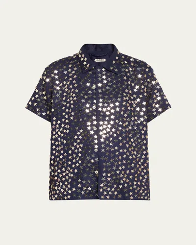 Bode Sequin Spangled Star Button Down Shirt In Navy Silver