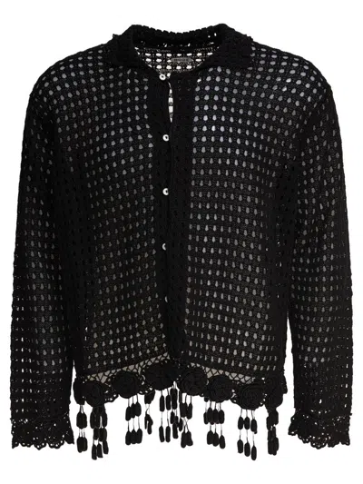 Bode Blossom Tasselled Crocheted Pima Cotton Shirt In Black