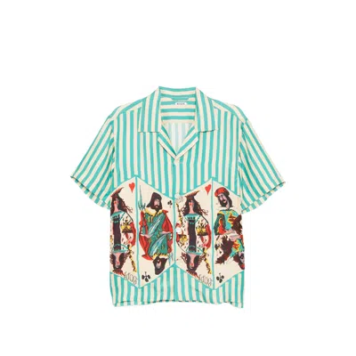 Bode Royals Camp-collar Striped Printed Silk Shirt In Blue