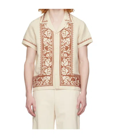 Bode Rose Garland Cross-stitched Linen Shirt In White