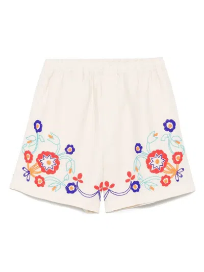 Bode Garden Party Straight-leg Bead-embellished Linen Shorts In Ecru Multi