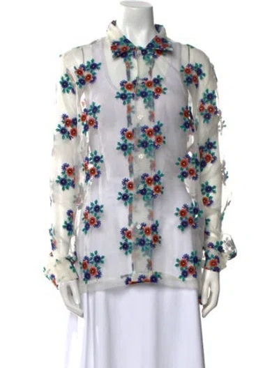 Pre-owned Bode Silk Floral Print Blouse In White