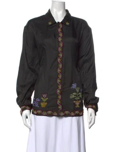 Pre-owned Bode Silk Floral Print Button-up Top In Black