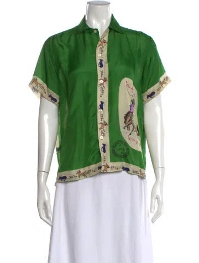 Pre-owned Bode Silk Graphic Print Button-up Top In Green