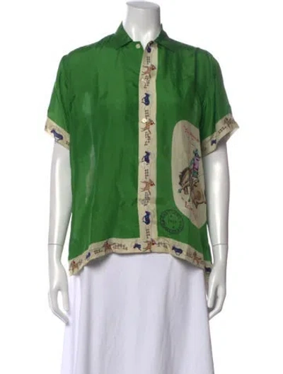 Pre-owned Bode Silk Graphic Print Button-up Top In Green