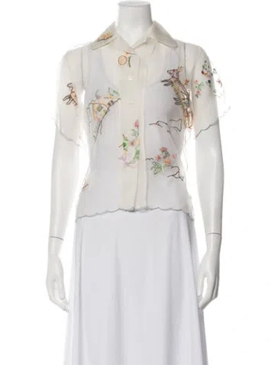 Pre-owned Bode Silk Graphic Print Button-up Top In White