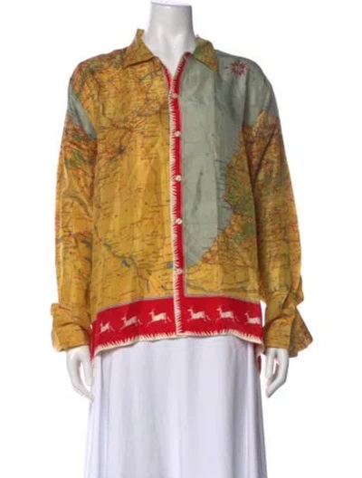 Pre-owned Bode Silk Printed Button-up Top W/ Tags In Yellow