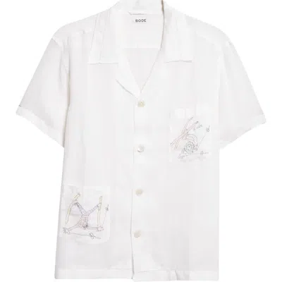 Bode Skiers Embroidered Linen Camp Shirt In White Multi