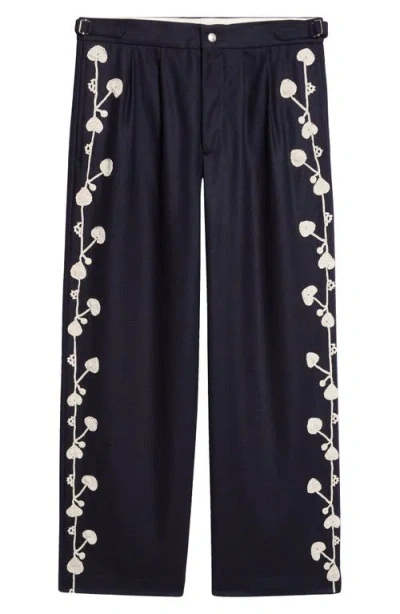 Bode Snowdrop Appliqué Wool Blend Trousers In Blue
