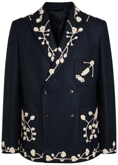 Bode Snowdrop Embroidered Wool-blend Blazer In Black