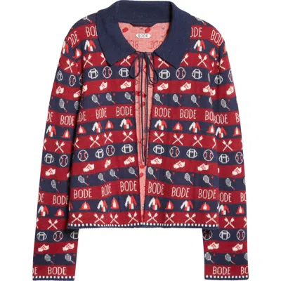Bode Sporting Jacquard Baby Alpaca Cardigan In Navy Maroon