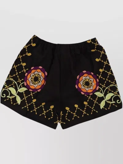 Bode Stitched Waistband Floral Embroidered Shorts In Black