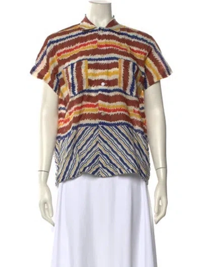 Pre-owned Bode Striped Short Sleeve Button-up Top In Brown