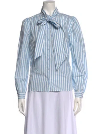 Pre-owned Bode Striped Tie Neck Blouse In Blue