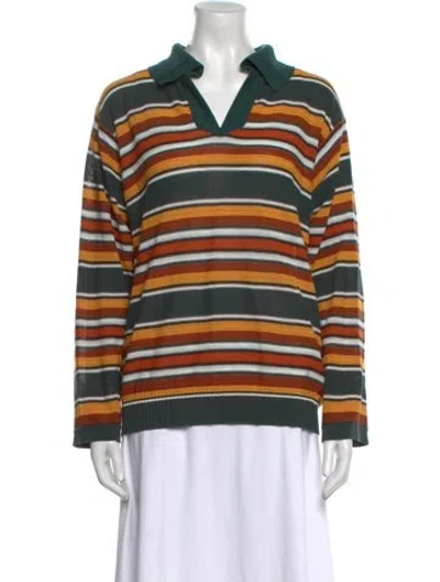 Pre-owned Bode Striped V-neck Sweater In Green