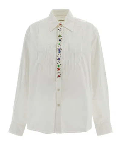 Bode Button Jar Pleated Tuxedo Shirt In White