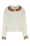 Bode Cotton Blouse With Embroidered Neckline And Gathered Cuffs