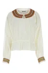 Bode Cotton Blouse With Embroidered Neckline And Gathered Cuffs In White