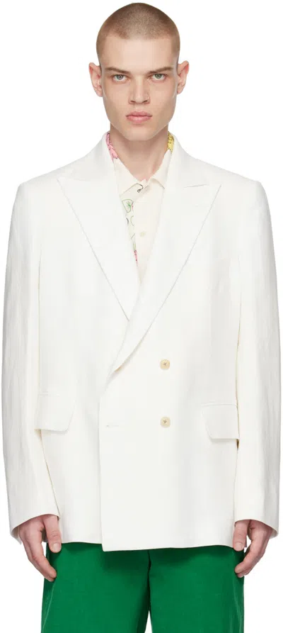Bode Marsh Double-breasted Embellished Tulle-trimmed Linen Suit Jacket In White