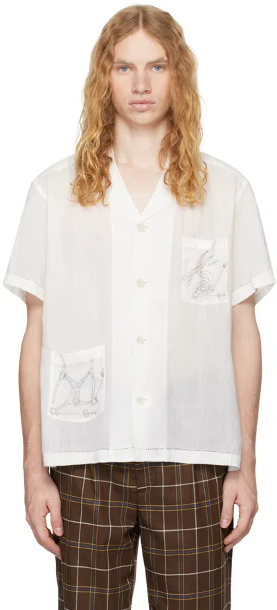 Bode Mens White Multi Skiers Graphic-embroidery Regular-fit Linen Shirt