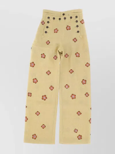 Bode Wide Leg Floral Button Detail Trousers In Neutral