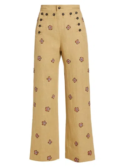 Bode Women's Embroidered Waxflower Trousers In Tan Multi