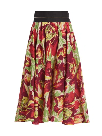 Bode Women's Hibiscus Striped Cotton Midi-skirt In Neutral