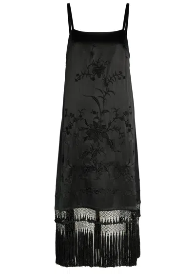 Bode Worcester Tassel Silk Midi Dress In Black