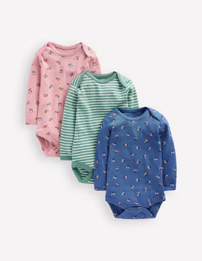 Boden Babies' 3 Pack Pointelle Bodies Pink/blue Ditsy Floral  In Multi