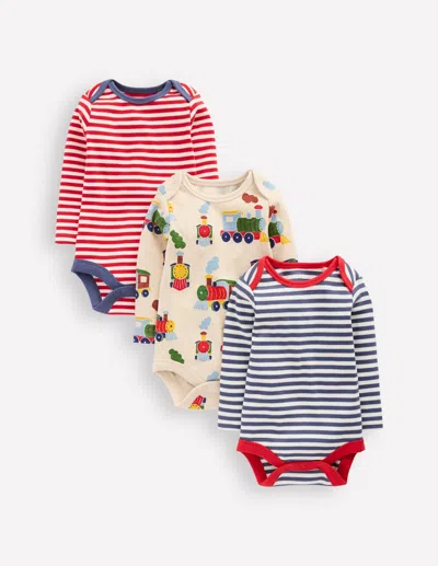 Boden Babies' 3 Pack Ribbed Bodies Oatmeal Marl Trains  In Multi