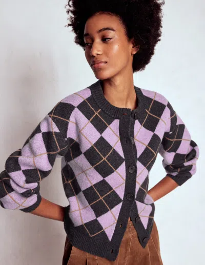 Boden Abi Jacquard Cardigan Lilac, Charcoal Melange Argyle