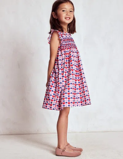 Boden Kids' Adeline Gesmoktes Kleid-mohnblumenrot Geometrisches Herzmuster In Multi