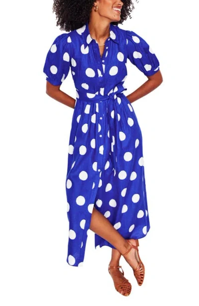 Boden Alexa Polka Dot Linen Shirtdress In Blue