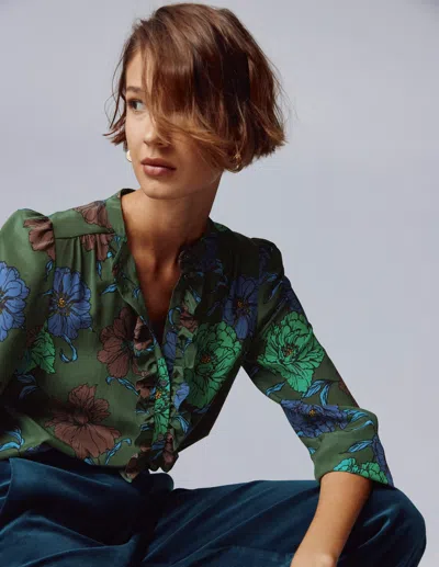 Boden Alice Frill Front Silk Top Green, Peony Bloom