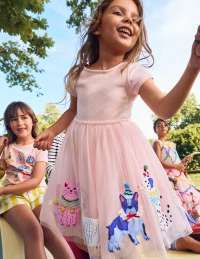 Boden Kids' Ami Applique Tulle Dresschalk Pink Circus Pets Girls