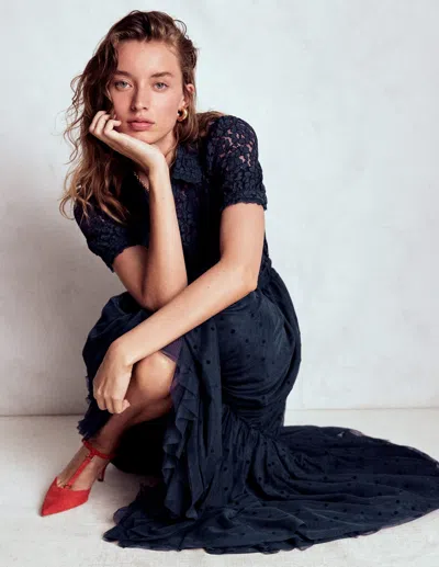 Boden Anna Tulle Midi Skirt Navy Flocked Spot  In Black