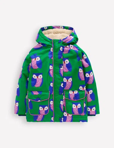 Boden Kids' Anorak Mit Sherpa-futter-sattes Smaragdgrün Geometrisches Muster Eulen In Multi