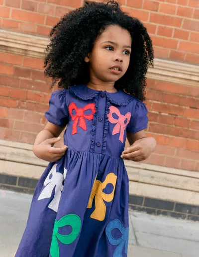 Boden Kids' Appliqué Bow Shirt Dress Starboard Blue Bows Girls
