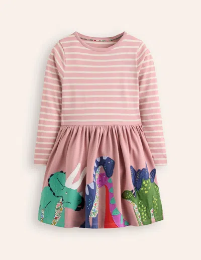 Boden Kids' Appliqué Hem Jersey Dressvintage Pink Dinosaurs Girls