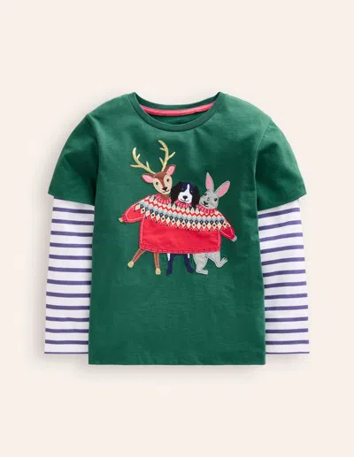 Boden Kids' Applique Mock Sleeve Tshirtjewel Green Festive Animals Boys