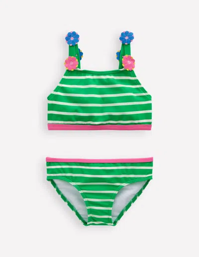 Boden Kids' Applique Strap Bikinisapling Green Stripe Hearts Girls