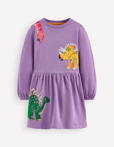 Boden Kids' Applique Sweatshirt Dress Aster Purple Dinosaurs