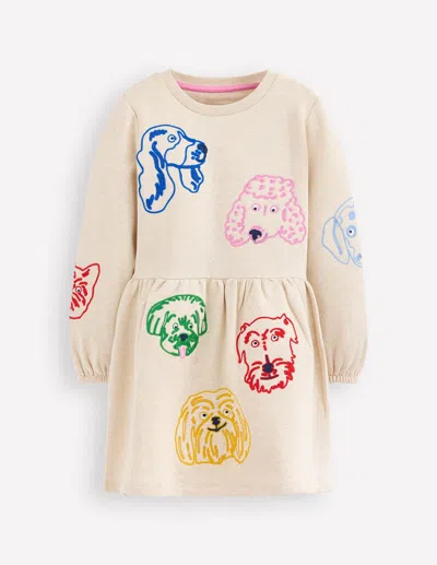 Boden Kids' Applique Sweatshirt Dress Oatmeal Dog Faces  In Neutral