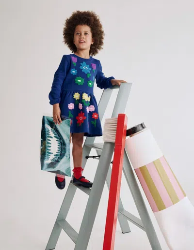 Boden Kids' Applique Sweatshirt Dress Sapphire Blue Flowers Girls