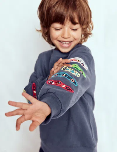 Boden Kids' Applique Sweatshirt Vintage Indigo Cars  In Gray