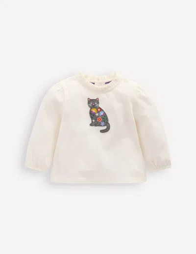 Boden Babies' Appliqué T Shirt Soft Ivory Cat  In White