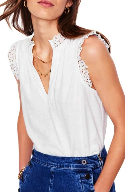 Boden Aria Embroidered Eyelet Trim Sleeveless Jersey Top In White