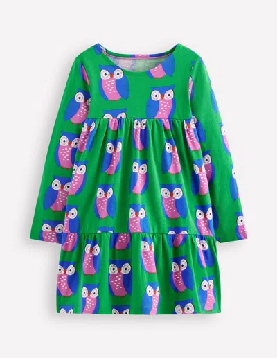 Boden Kids' Ariel Langärmliges, Schwingendes Kleid-sattes Smaragdgrün Geometrisches Muster Eulen In Multi